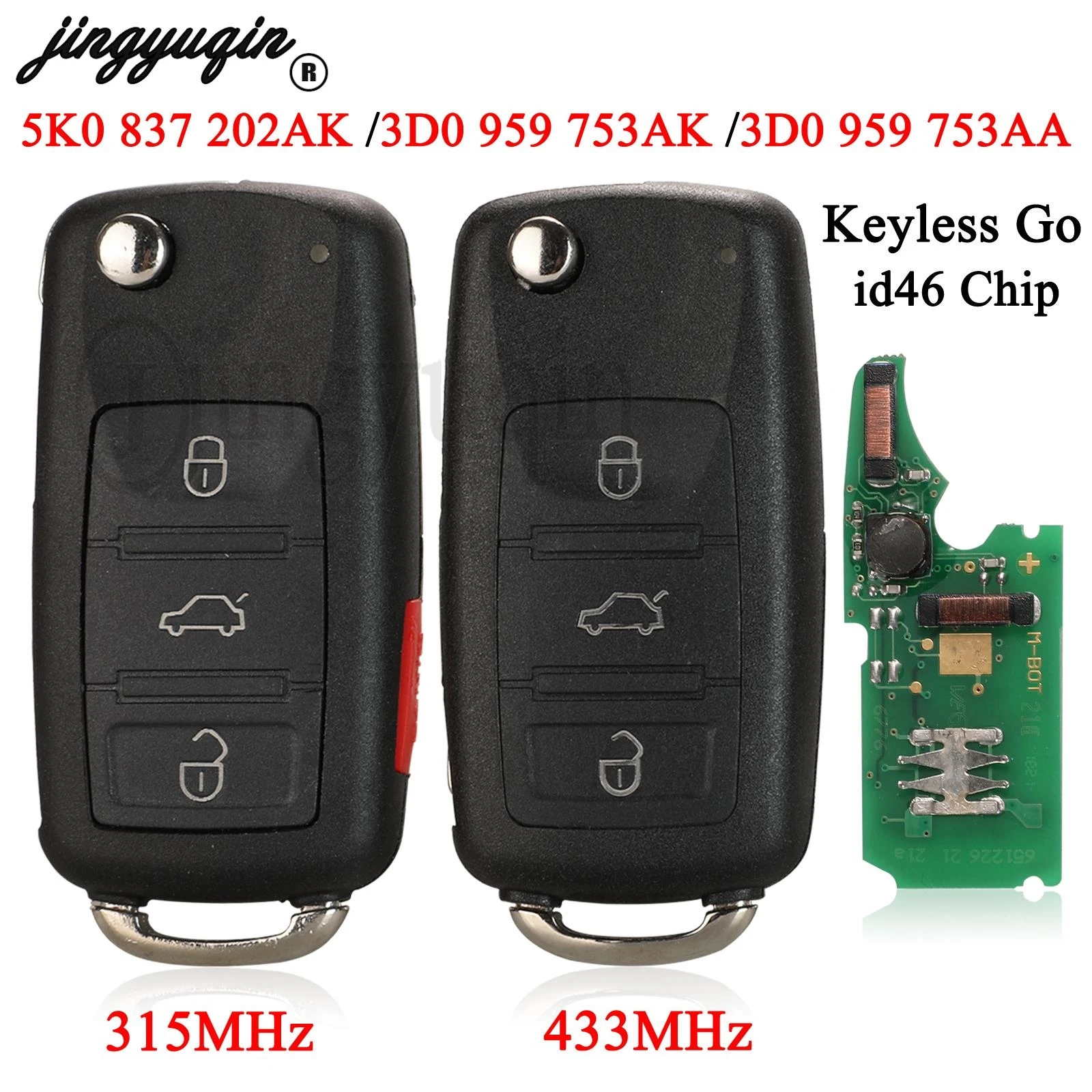 jingyuqin 3/4 Buttons Keyless Go For VW Touareg Fit Audi A8 S8 315/433MHz id46 Flip Remote Key 5K0 837 202 AK /3D0 959 753 AK/AA