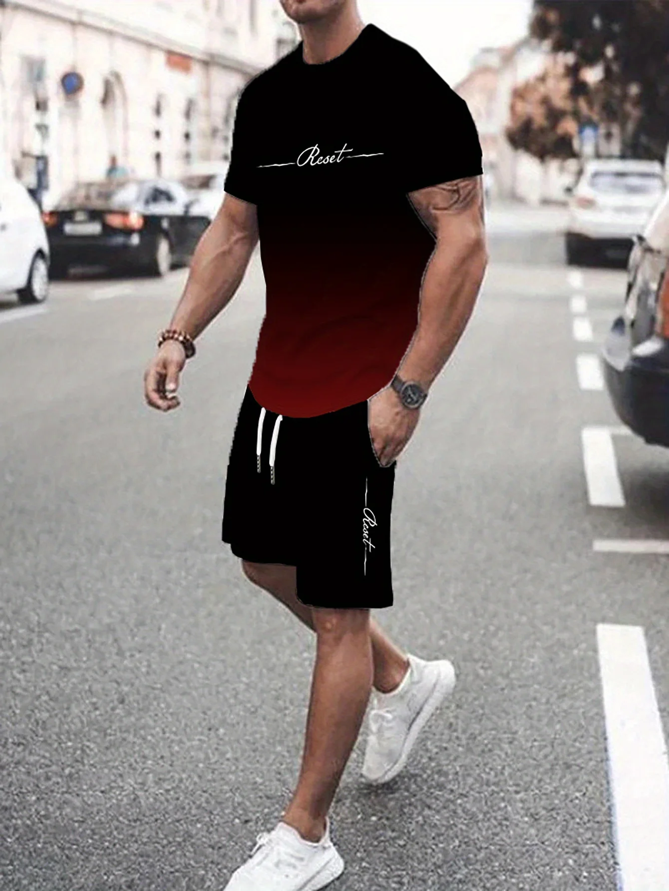 T-shirt da uomo con stampa di lettere a colori sfumati Pantaloncini Set da 2 pezzi T-shirt da uomo casual a maniche corte con tasca laterale Abbigliamento