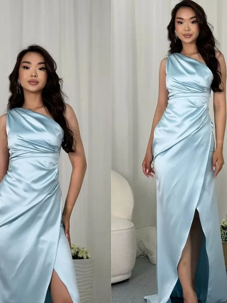 

Customized Exquisite One Shoulder Sleeveless Evening Dress High Quality Satin Prom Dresses Temperament Bridal Party Gowns