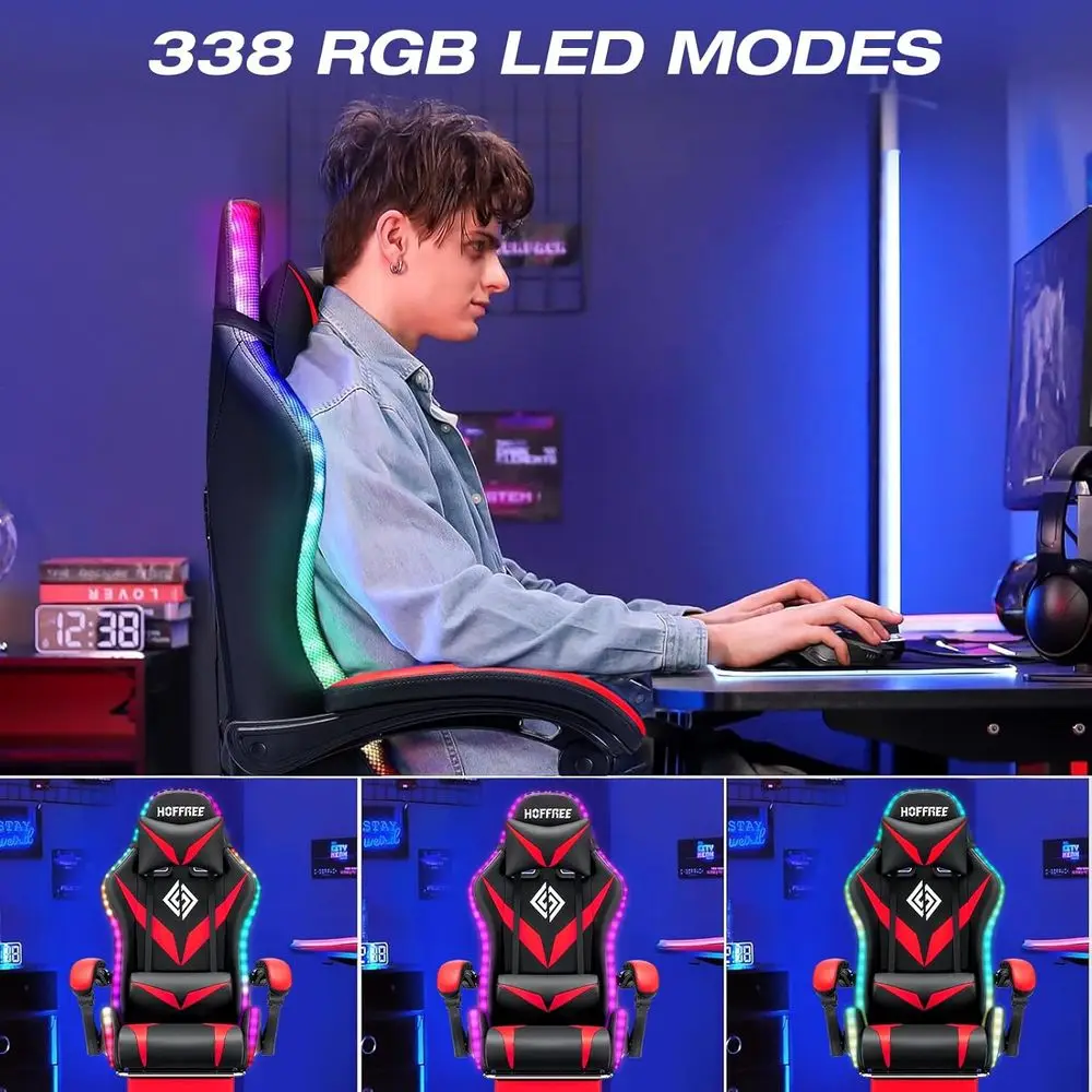 Ergonomic High-Back Gaming Chair with Massage, LED Lights, and Adjustable Lumbar Support - Red and Black view 4