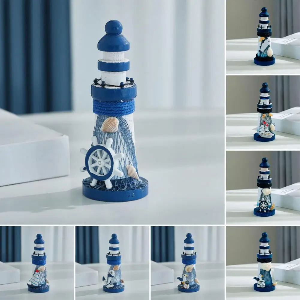 Small Lighthouse Sculpture Wooden Figurine, Handmade Nautical Lighthouse Beach Decoration, White Blue Coastal Home Accents