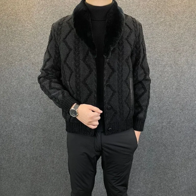 Luxury-sleek Versatile Sweater Turn-down Collar Jacket Men's Short-sleeved Slim-fit Casual All-purpose Warm Coat Autumn Winter