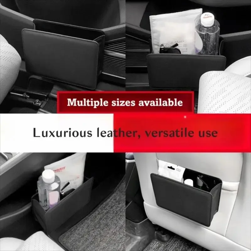 Multifunctional Car Trash Bin PU Leather Solid Color Seatback Hanging Storage Box Foldable Structure Car Door Storage Box view 3