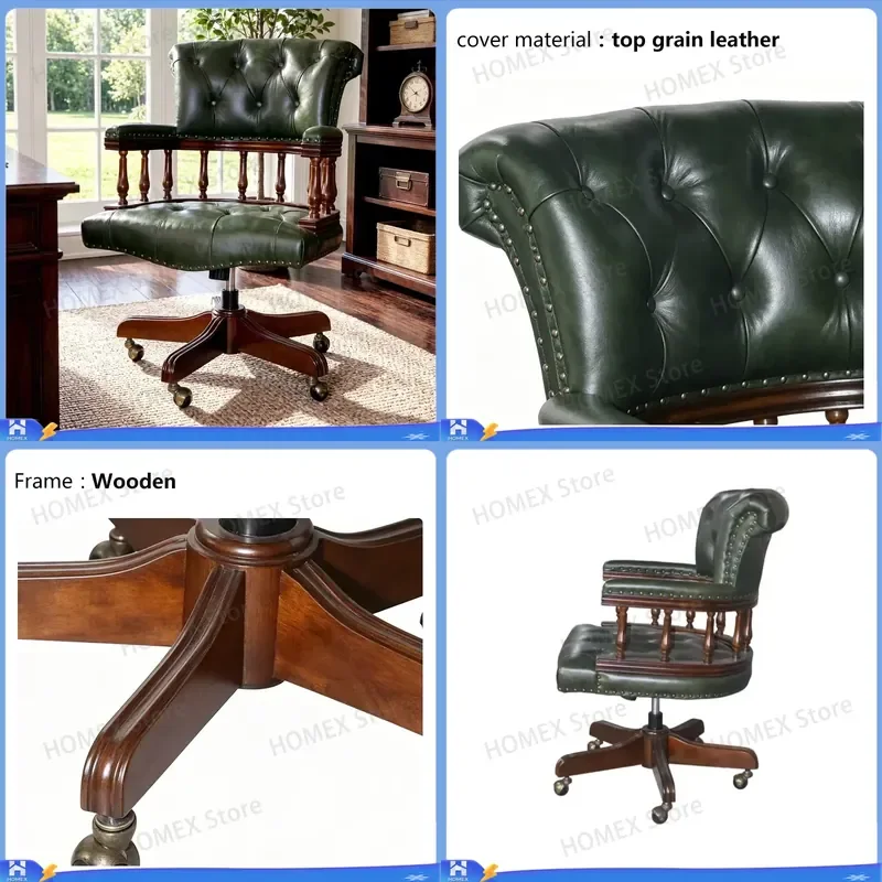 Modern Retro Executive Office Chair Leather Swivel Adjustable Chesterfield Captain Chair for Meeting Room Home Desk Furniture