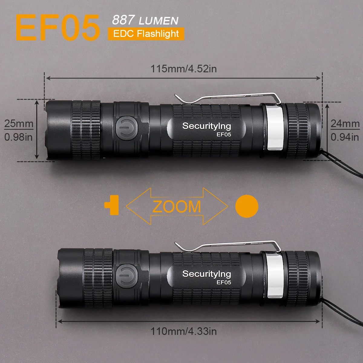 Linterna EDC EF05 de 887 lúmenes, linterna LED con zoom y indicador de potencia para acampar al aire libre/pasada nocturna/reparación nocturna