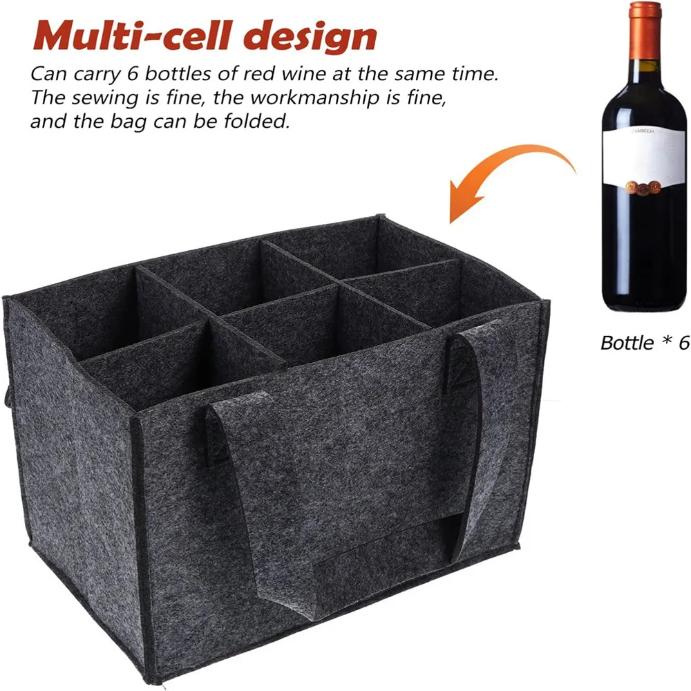 

6 Bottle Wine Carrier with Divider Felt Wine Storage Tote Portable Gift Bag Red Gray with Handle