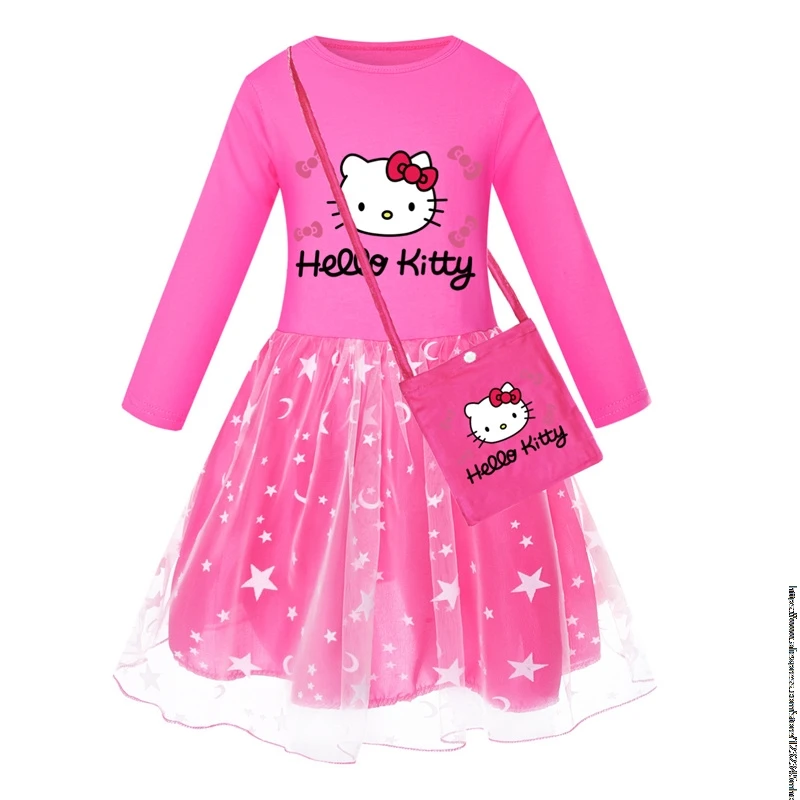 New Hello Kitty Kids Clothes Long Slevess Dresses Cotton Rainbow Full Dress Teen Cartoon Girl Clothing Party Clothes 2-7Years