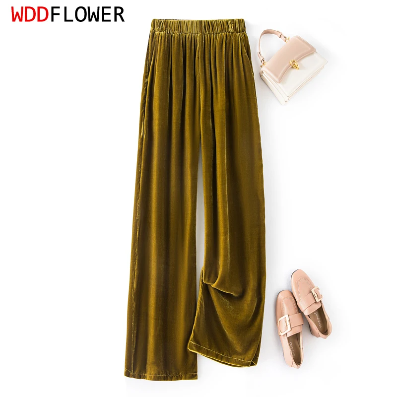 Women Velvet Silk Long Pants Natural Mulberry Silk More Colors Loose Type Wide Leg Pants Elegant Trousers XL XXL FF031