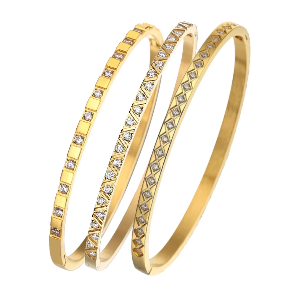 New Stainless Steel Crystal Inlaid Bracelets Gold 4MM Rhombic Buckle Bangles For Women's Who Love Jewelry Gifts