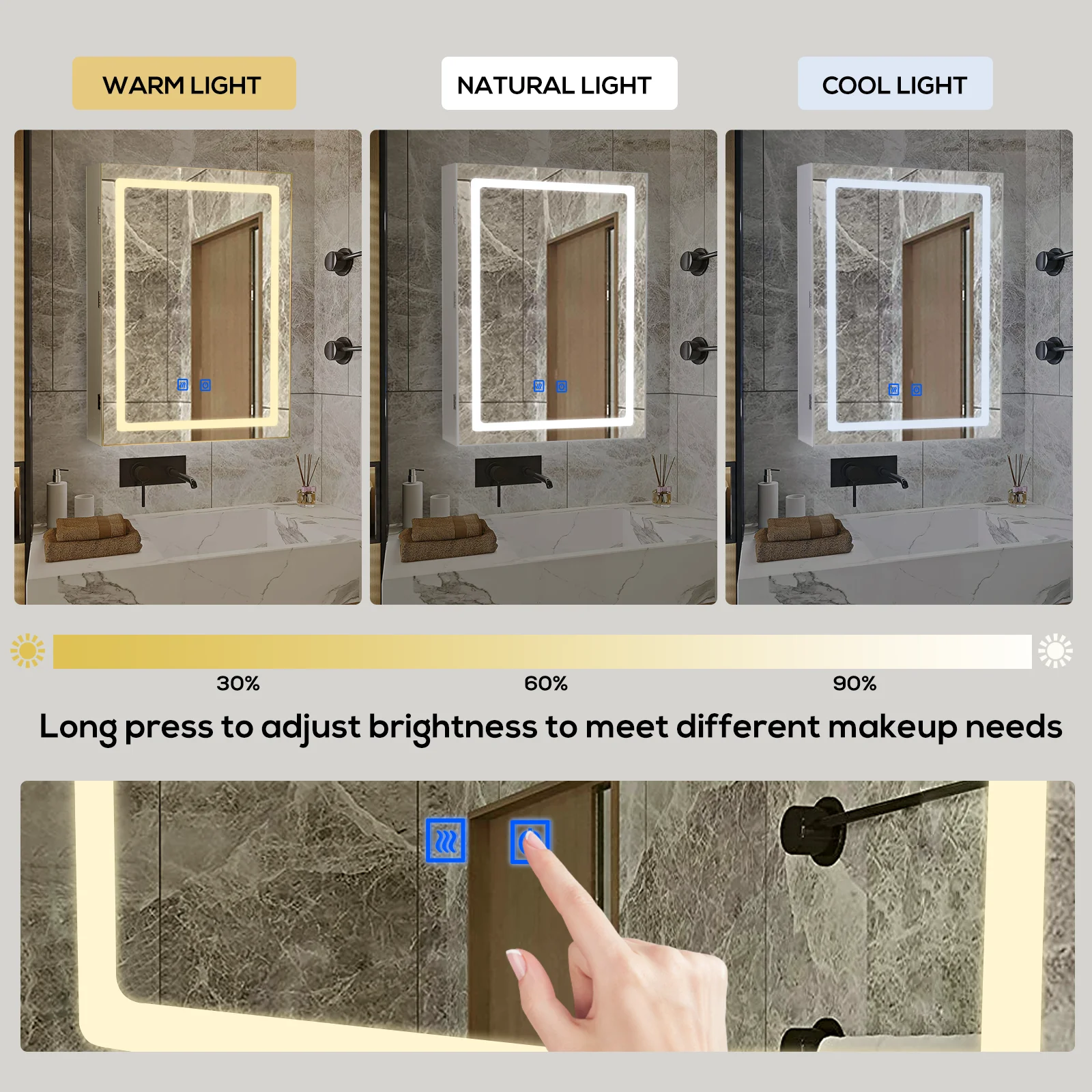 Bathroom Medicine Cabinet with LED Lights and Mirror,  with Adjustable Shelf, Defogger, Memory 3-Color Mode, Dimmer