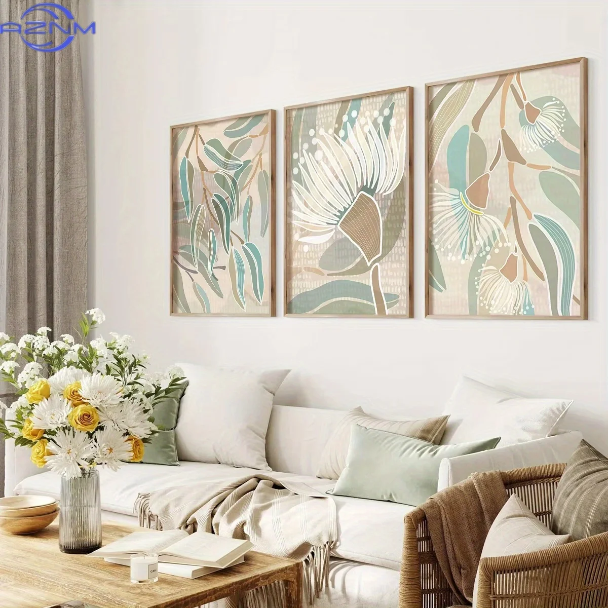 3pcs Abstract Green Eucalyptus & Floral Canvas Wall Art Prints - Unframed Modern Botanical Posters with Teal Blue, Beige, White