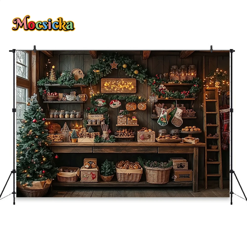 Christmas Kitchen Photography Background Gingerbread Man Bread Wooden Booth Backdrop Decor Kids Family Winter Photoshoot Studio