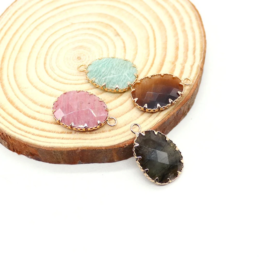 Faceted Amazonite Oval Sparkle Stone Pendant Copper-Edged Sawtooth Design Jewelry DIY Accessories for Necklaces Earrings Gifts