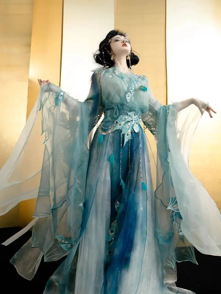 

Новое женское платье ханьфу с синим павлином, тяжелая промышленность, вышивка, улучшенное шарнирное платье в государстве, вечерние костюмы для косплея, танцевальное платье ханьфу