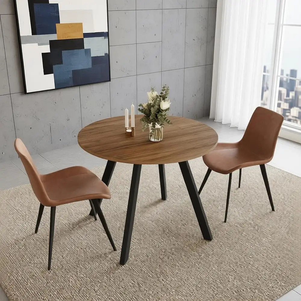 Ensemble de salle à manger moderne du milieu du siècle en noyer pour 2 personnes avec table ronde et chaises marron, idéal pour la cuisine d'appartement