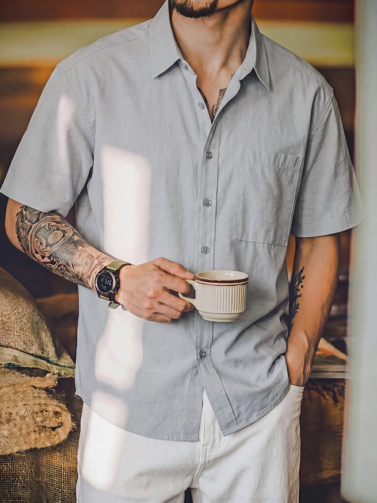 American Retro Men's Short Sleeve Shirt Summer Lenzing Linen Blend 180g Loose Breathable Anti-Wrinkle Casual Top
