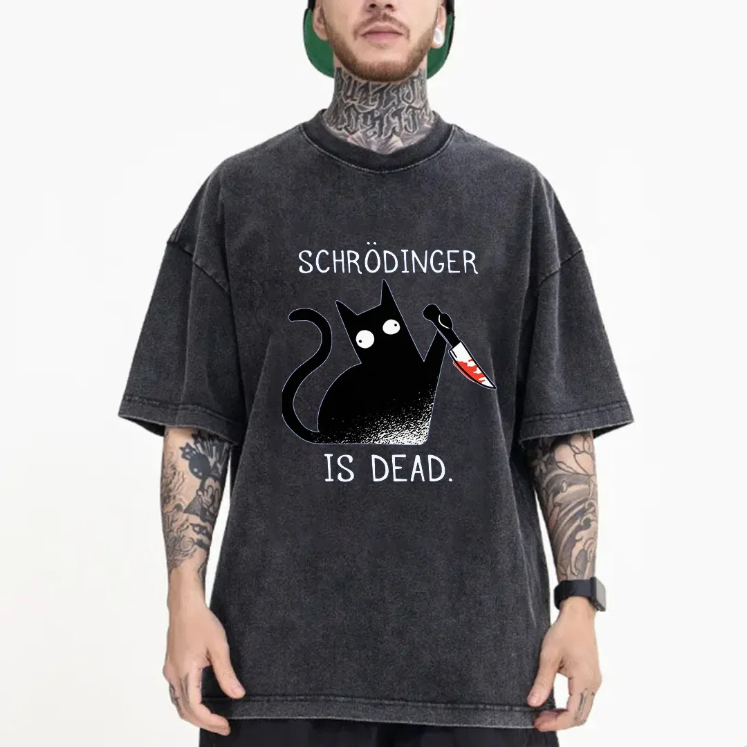 Schrodinger is dead Black Cat Fashion Wash Cotton T-shirt Men's High Quality T-shirt Oversized T-shirt Short Sleeve Street Top