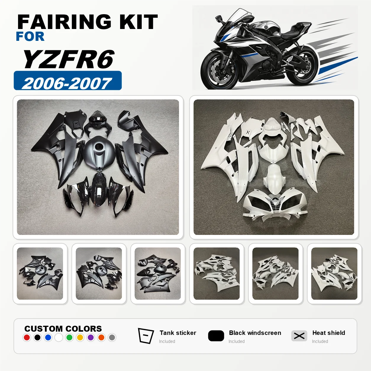 Complete ABS Fairing Kit for YZF-R6 2006-2007 Motorcycle Bodywork Injection Molded Fairings 06 07 YZFR6