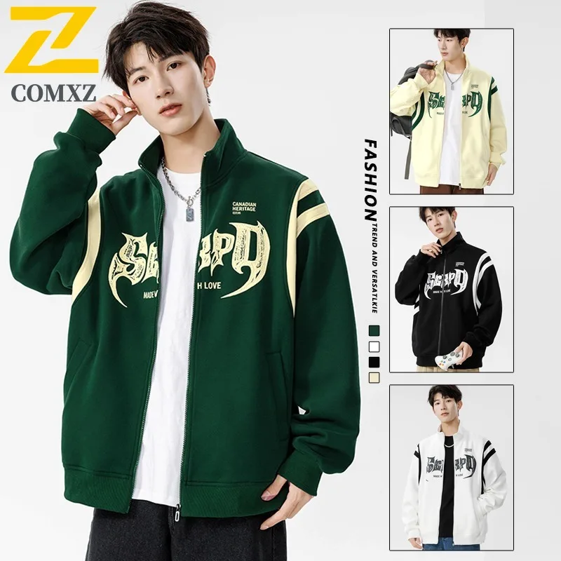 

COMXZ 2025 Men Cardigan Sweatshirt Print Letter Jacket Coat Youth Loose Fit Waterproof Casual Outerwear Trendy Street Style