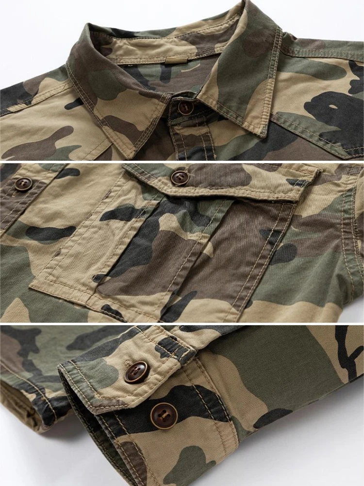 2024 New 95% Cotton Men\'s Shirt Camouflage Long Sleeve Drop Shoulder Button Pockets Cowboy Loose Casual Work Jeans Shirts