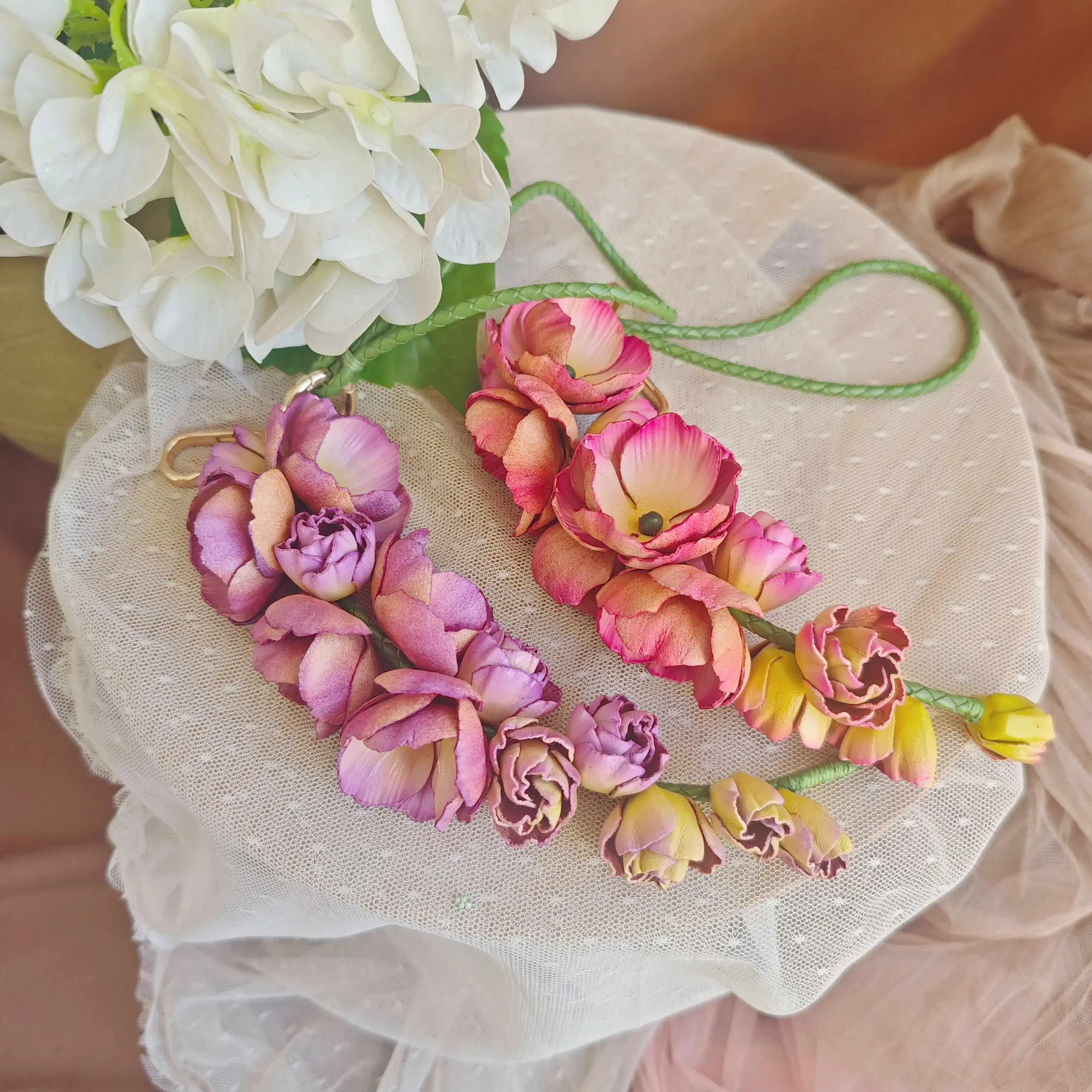 Handmade Genuine Leather Delphinium Flower Keychain Charm 3D Floral Bag Accessories Sweet Style Multifunctional Purse Hanging