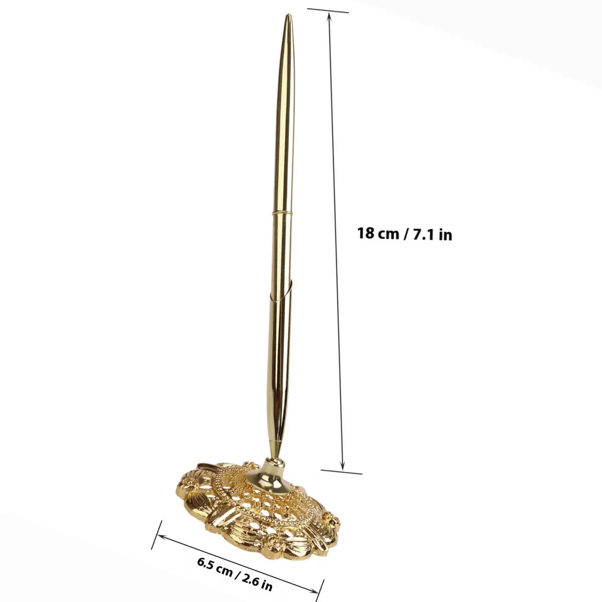 Golden Alloy Signing Pen 16Cm with Hollow Round Rotating Holder 360 Degree Turn for Wedding Bridal Guest Book Signing