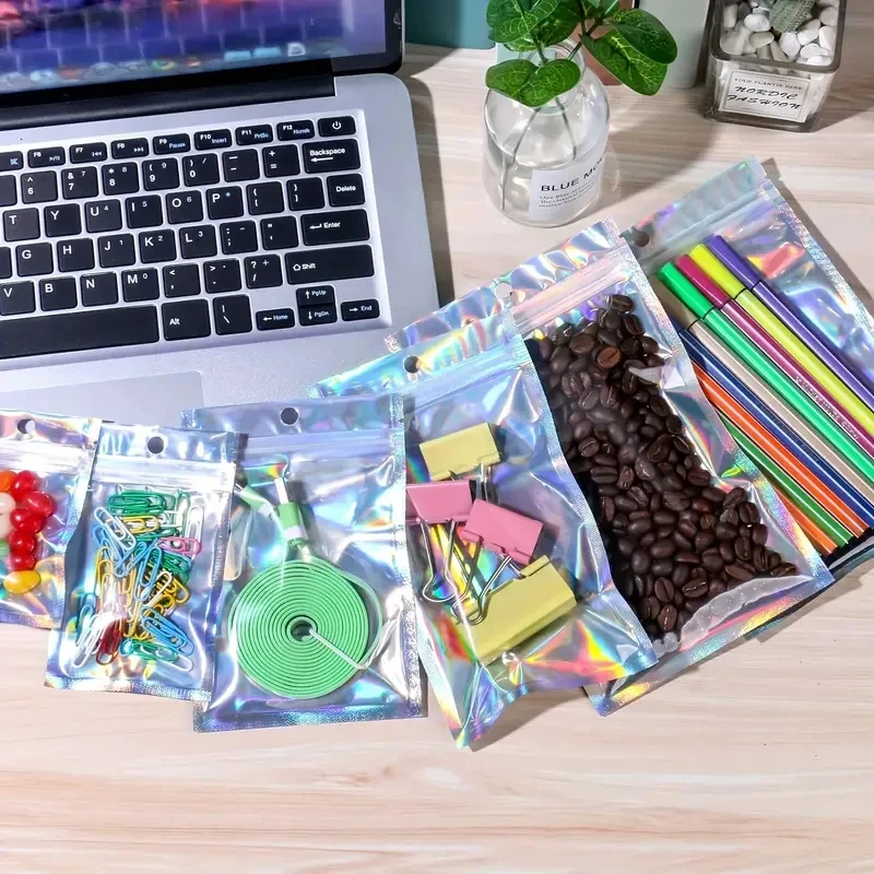 Sacos à prova de cheiro mylar holográficos resealable sacos folha bolsa ziplock sacos para festa favor armazenamento alimentos embalagens jóias 7 tamanhos