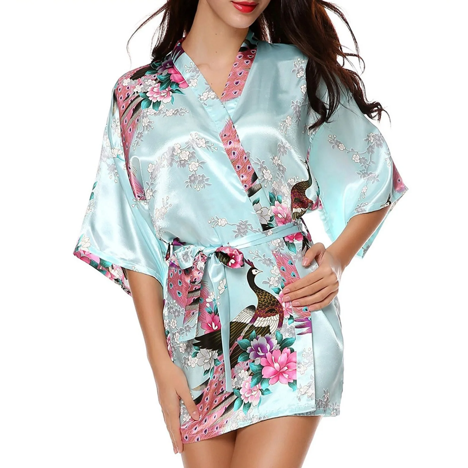 Ladies’ Simulation Silk Printing Traditional Classic Robe Fashion Gown Bath Robe Bird And tree Print Comfortable Sleepwear