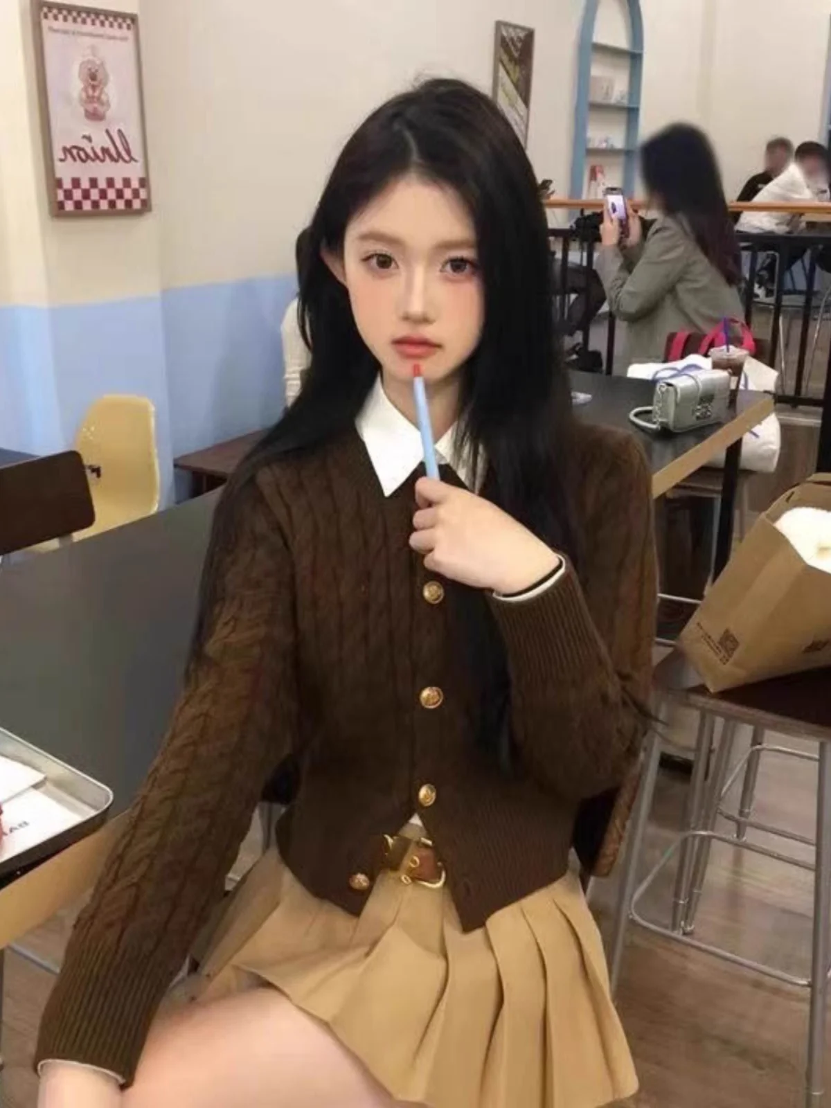 Conjunto de falda de cintura alta con cárdigan y suéter retorcido de punto para mujer Conjunto de dos piezas Faionable College