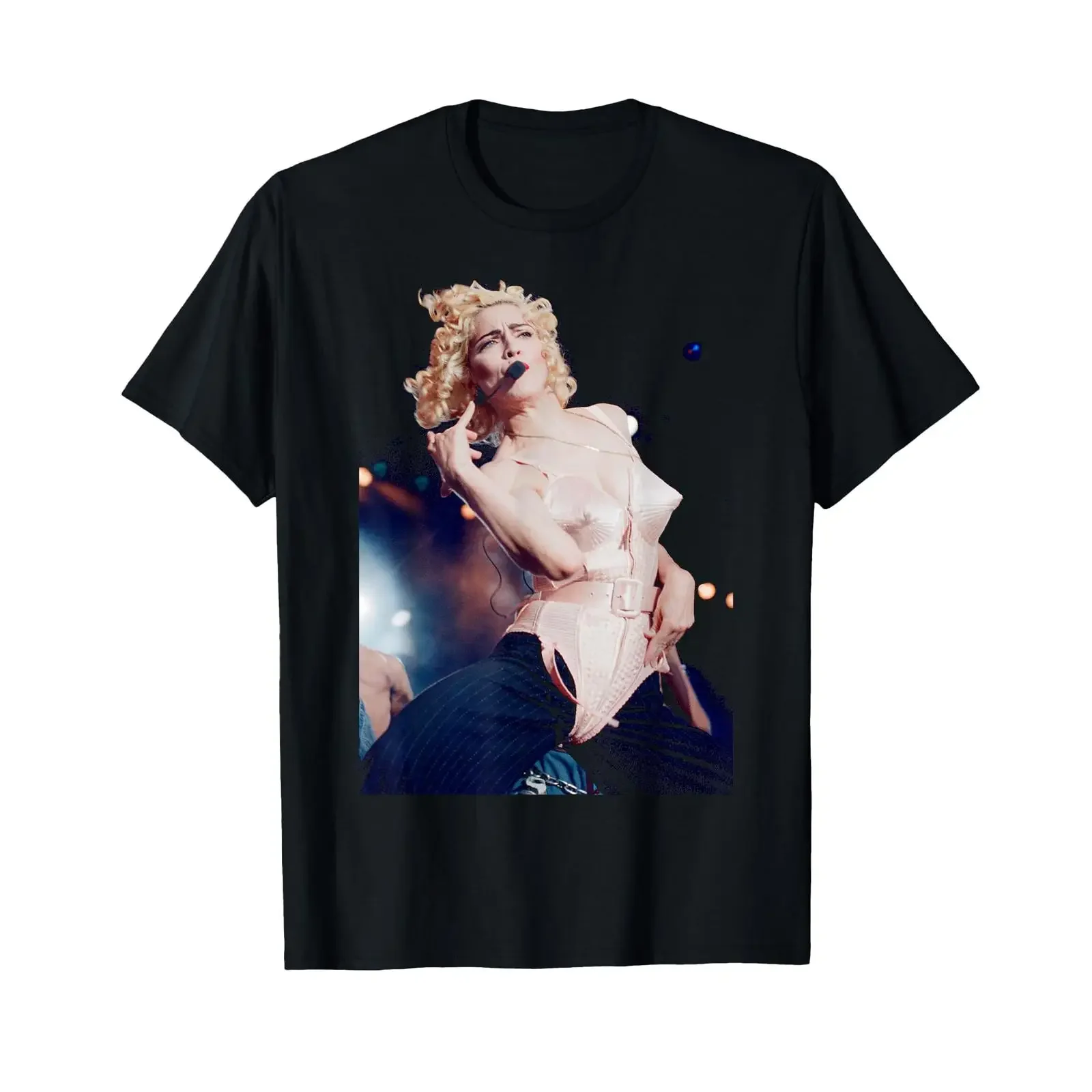 T-shirt vintage lavé avec motif graphique respirant et élégant pour homme, style streetwear, inspiré du corset rose de Madonna, tournée mondiale Blonde Ambition 1990
