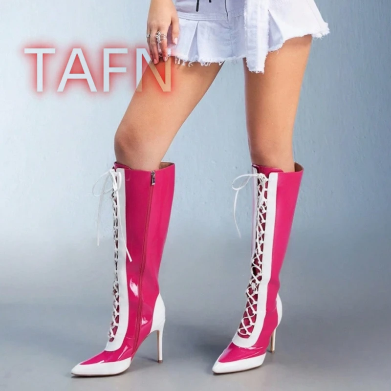 

Women Patent Leather Knee High Boots Stiletto High Heels Lace-up Boots Shiny Handmade Ladies Shoes Woman Plus Size 44