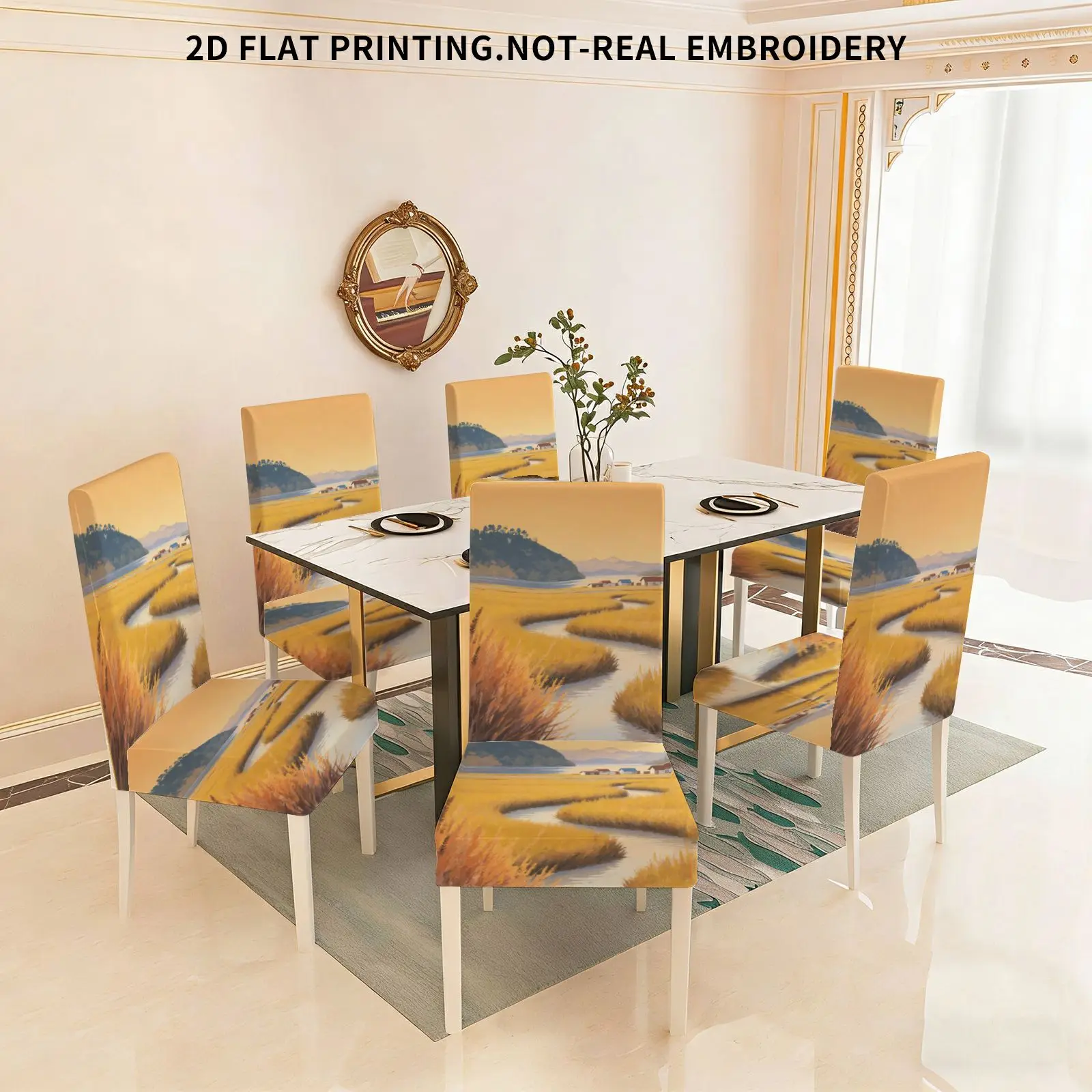 

Набор чехлов для обеденных стульев с плоским принтом, с рисунком золотистой травы и маленьким пасторальным узором в виде домиков, съемные чехлы для обеденных стульев.