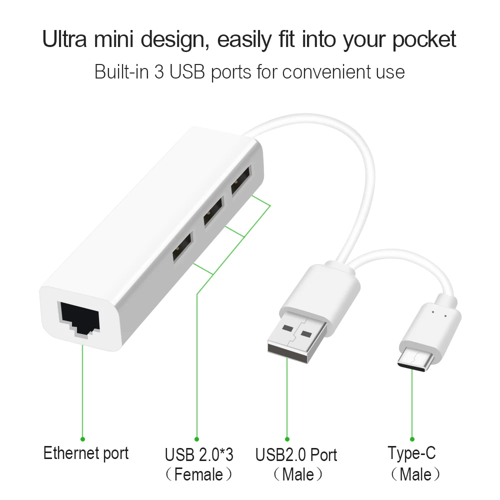 

USB A Type-C 3 порта USB 2.0-концентратор с RJ45 100 Мбит/с Ethernet-адаптером LAN-конвертер Сетевая карта для настольного ноутбука Клавиатура Мышь
