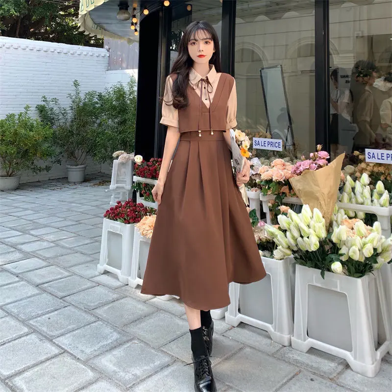 Summer  Elegant Woman Dress  Sweet  Preppy Style Japanese Students Womens Streetwear Fake Two Short Sleeve Midi Dress Vestido