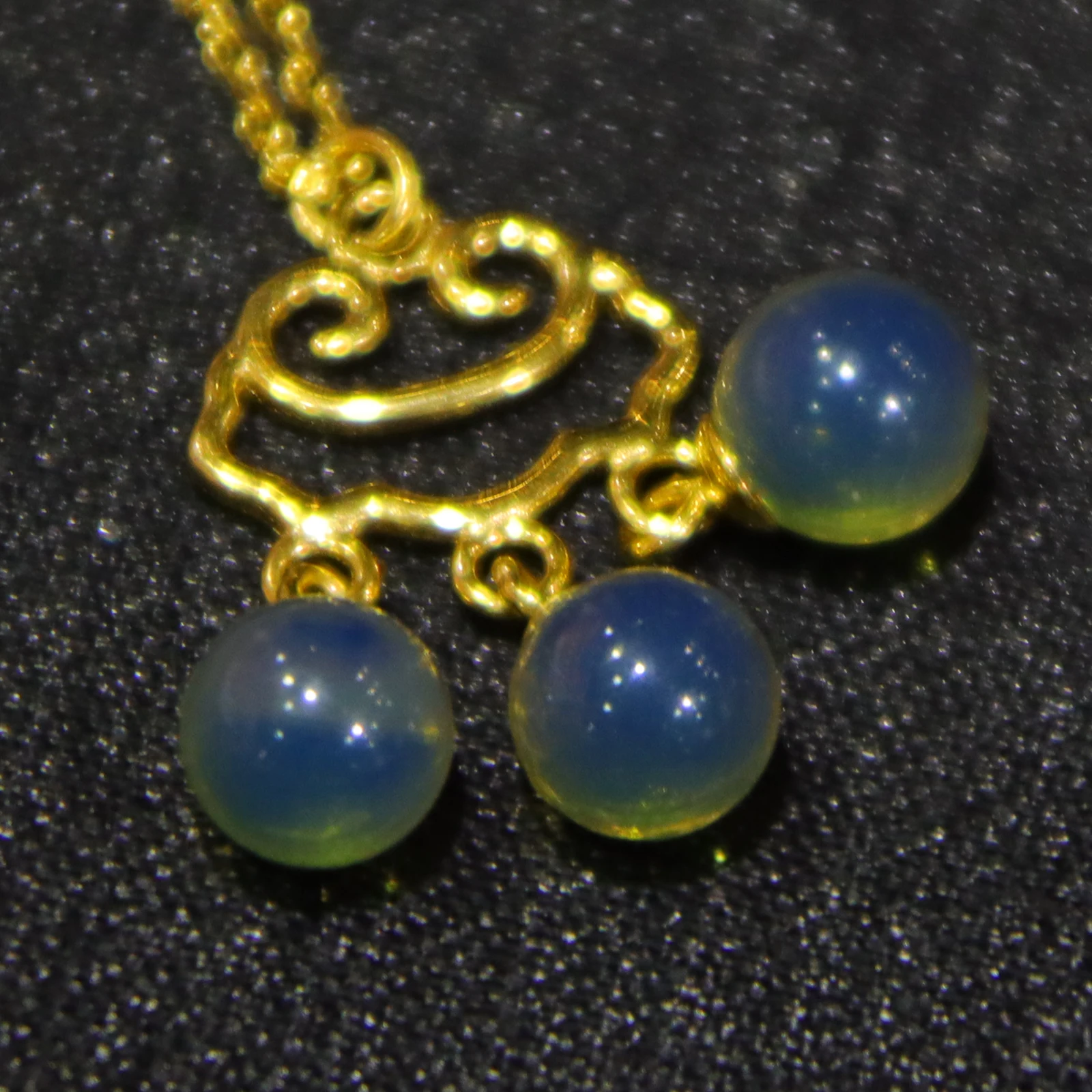 Pure Silver Inlaid Natural Mexican Blue Amber Ruyi Pendant with 5mm Bead and Sterling Silver Necklace