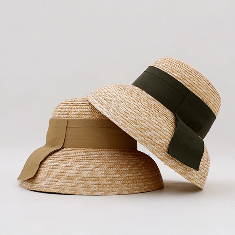 French Curved Brim Natural Straw Straw Hat Summer Handmade Large Brim Pot Hat Outing Holiday Hat Round Top Street Photography