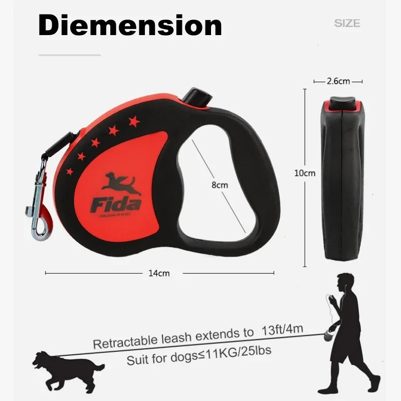 Fida Retracable Dog Leash 4M Length Super Tensile Strength Reflective Rope Metal Buckle Non-slip Easy Handle Suit for 12KG Puppy