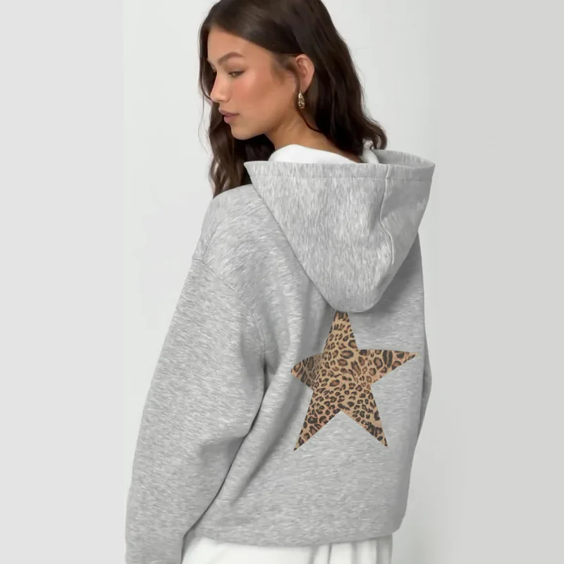 Simple grey leopard print five-pointed star loose hoodie girls basic all-in-one autumn and winter pullover top hoodies