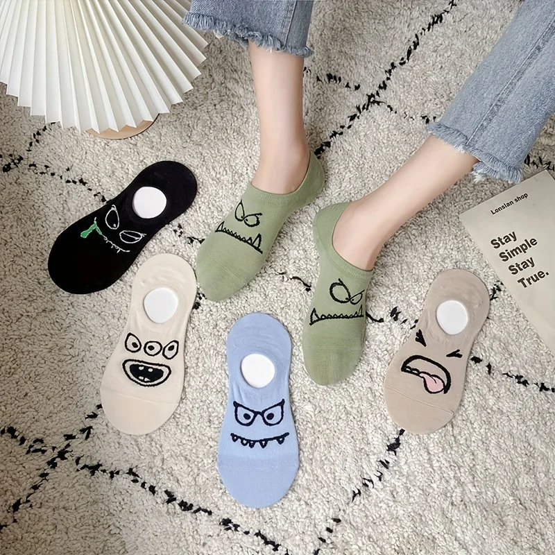 5-Pack Cozy Stylish Summer Invisible Socks Women Funny Ankle Socks No Show Slipper Socks Non-slip Cute Cartoon