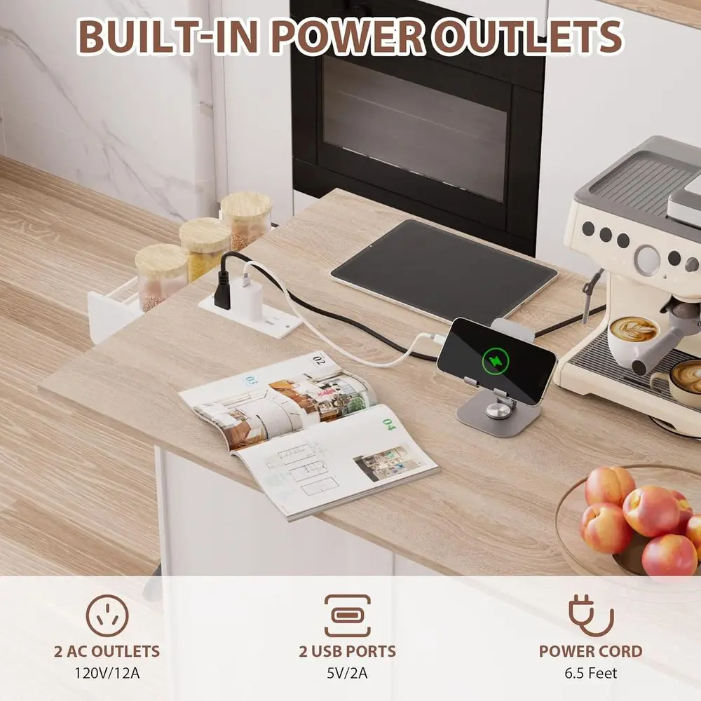 جزيرة مطبخ بعجلات مع أوراق متدلية، مخرج طاقة، تخزين، سلة مهملات، أدراج، رفوف توابل ومنشفة - أبيض