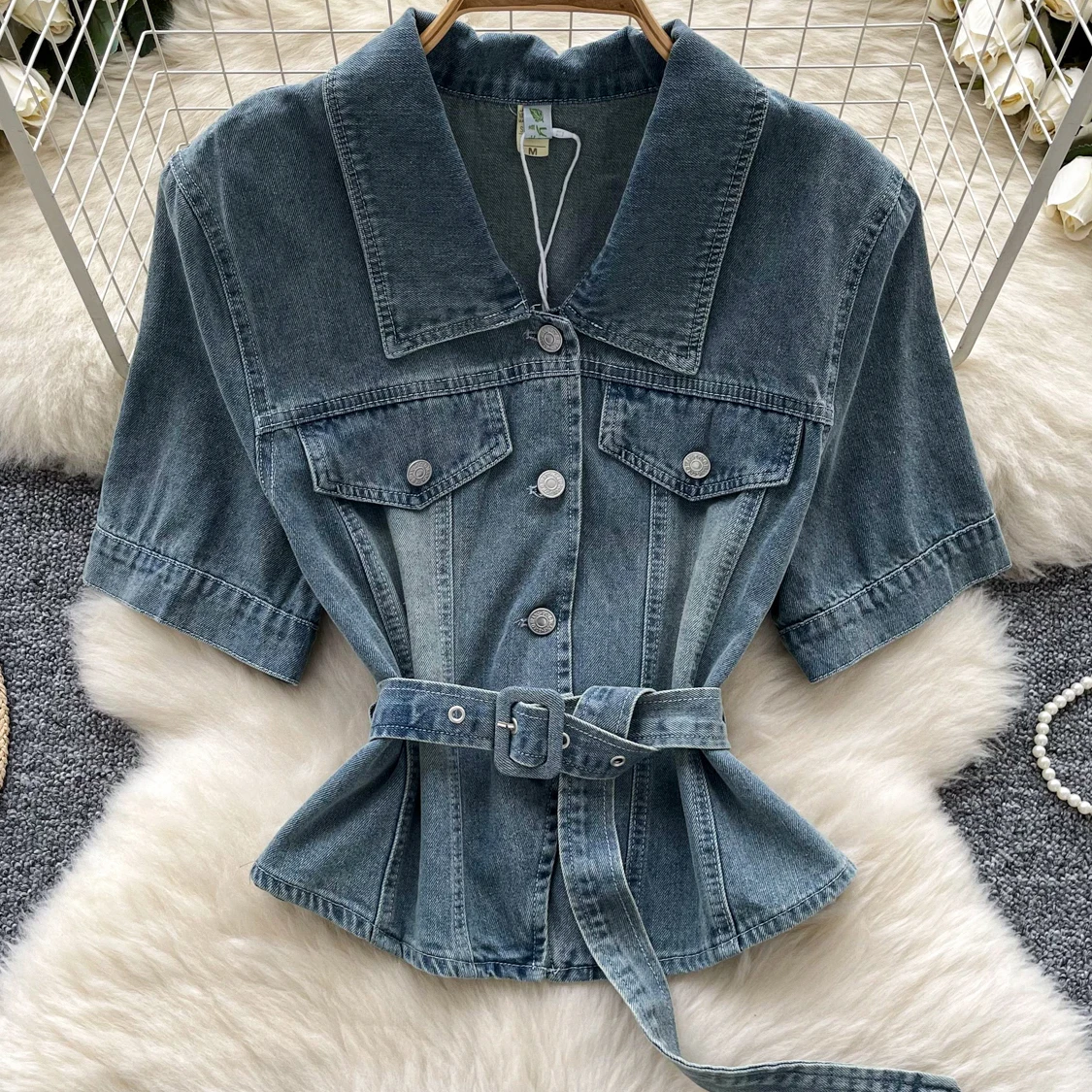 Women New Denim Short Shirt With Belt Summer Hong Kong Style Retro Waist Tight Fit Collar Short Sleeve Bright Thread Cowbody Top