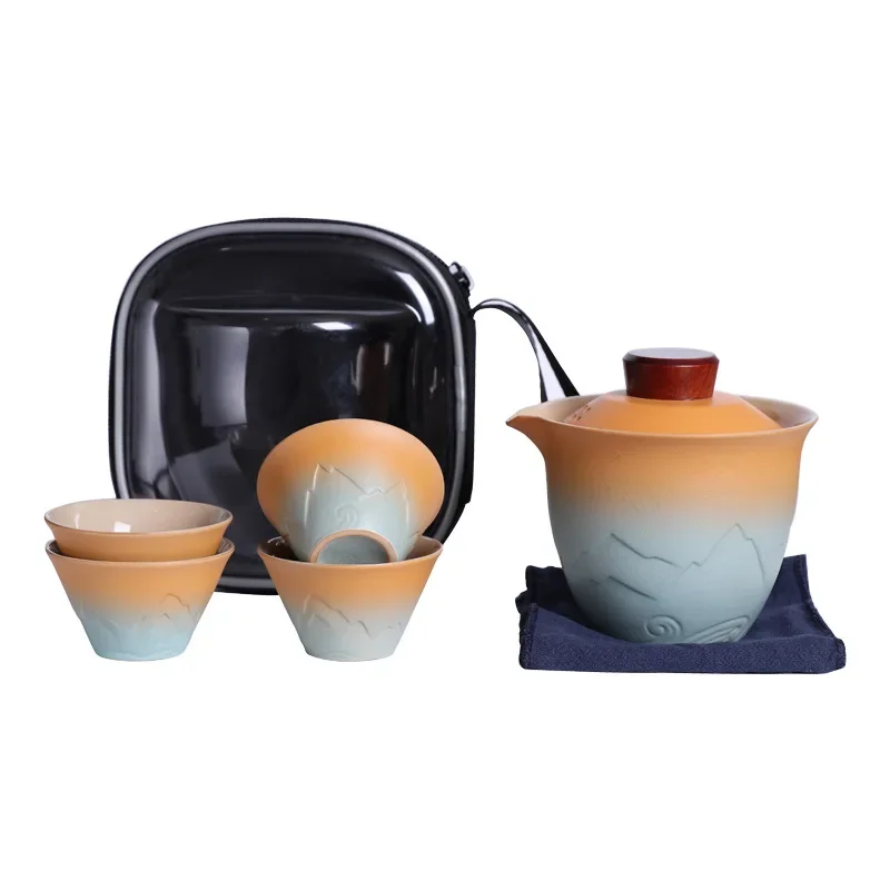 

Portable Chinese Travel Tea Set, Teapot Clay Set, Tea Ceremony, Camping, 4 Cups, Zi Shi, Ke Cup, Tea Pot Set