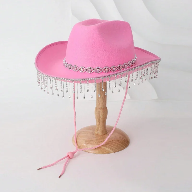 Women Men Cowgirl Hat Rhinestone Tassel Trim Wide Brim Hat Wedding Hat for Fiancee Shower Engagement Parties Weddings