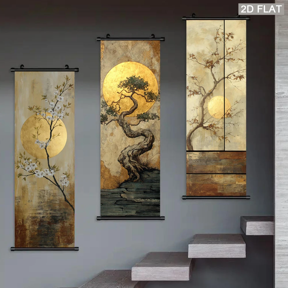 Vintage Gold Sun Bonsai Tapestry, Plum Blossom Landscape Wall Scroll, Zen Style Fabric Poster, Tea Room Wall Hanging Decor
