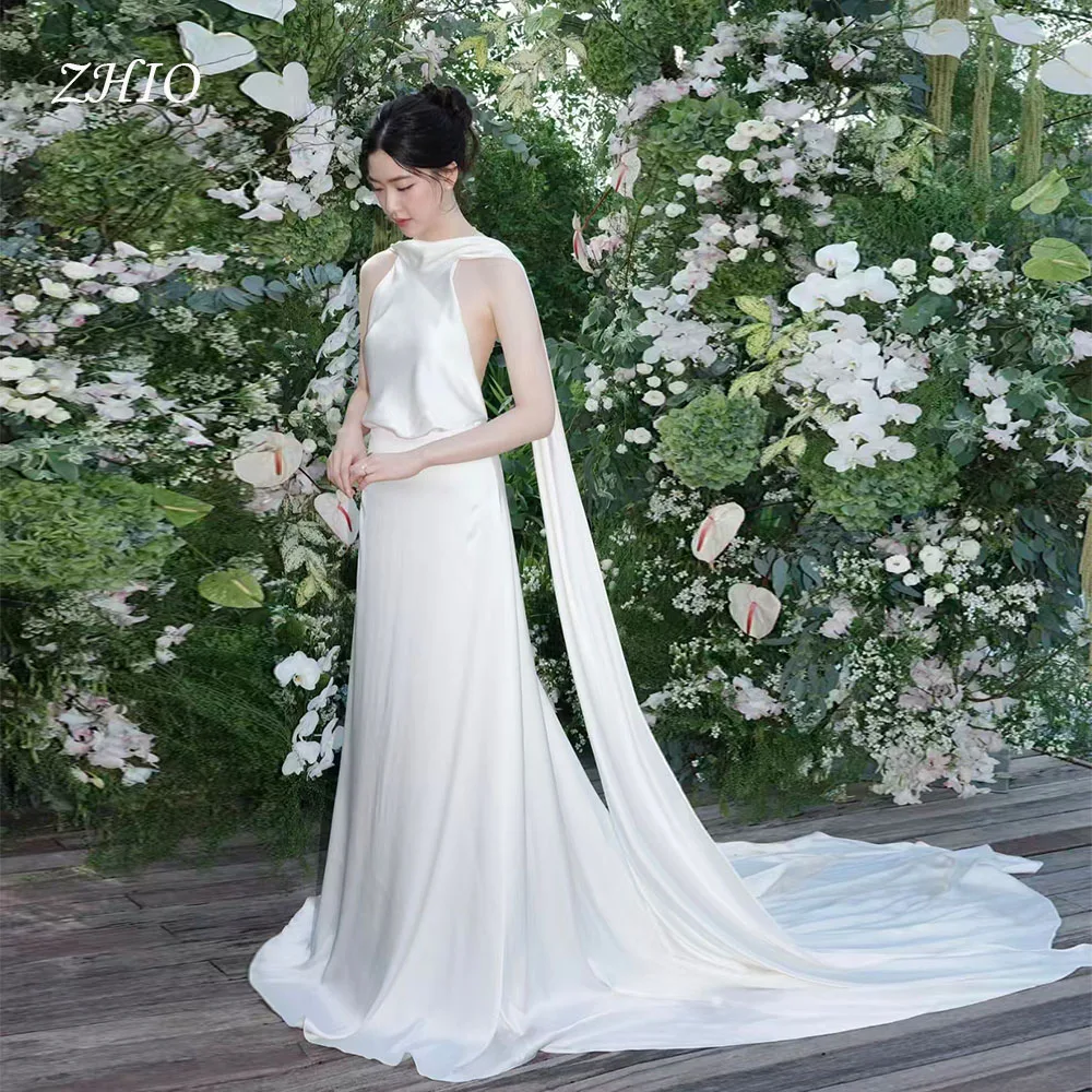 

ZHIO Elegant Halter Wedding Party Dress White Satin Evening Dresses Korea Photo Shoot Bridal Reception Gown Custom 웨딩드레스
