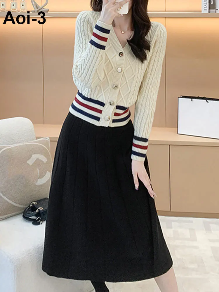 Fashion Knitted Suit Women 2023 Autumn Winter New V-Neck Jacquard Contrast Color Gold Buckle Cardigan+A-Line Skirt Two-Piece Set