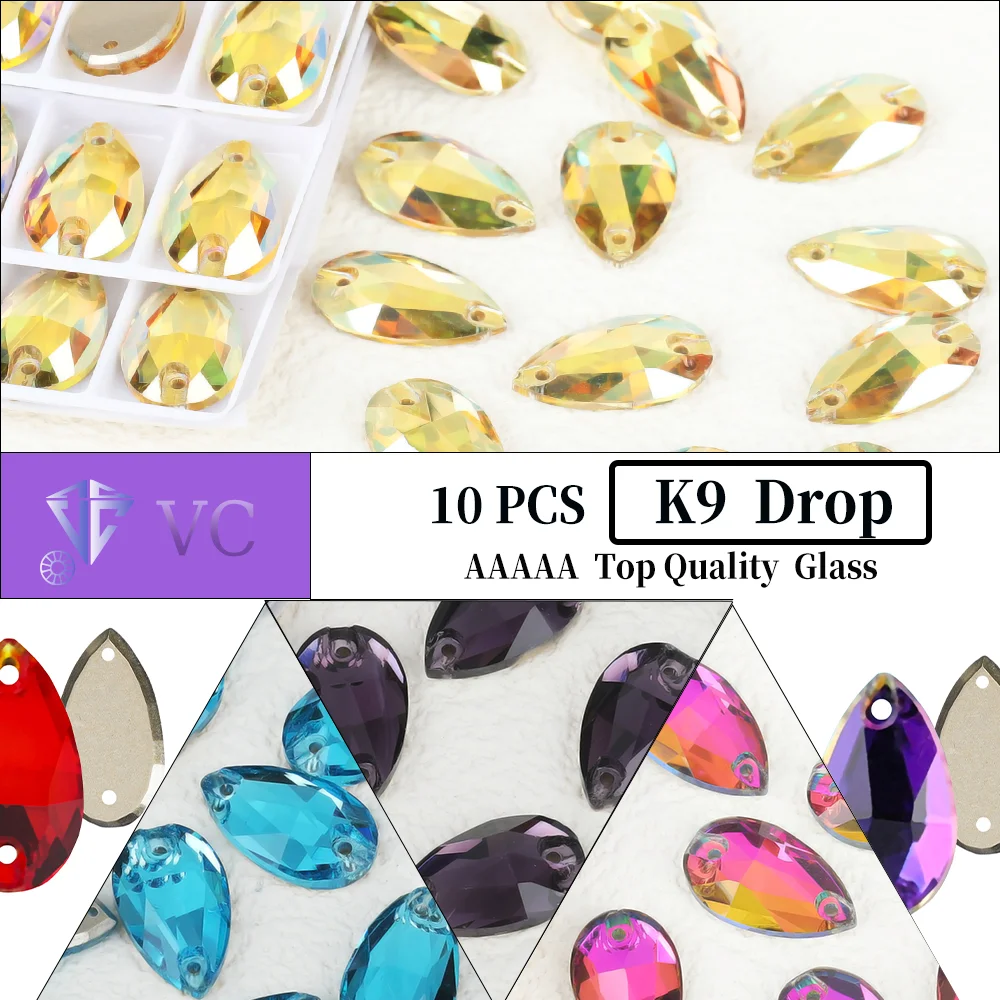 VC K9 10pcs Glass Boutique Hand Sewn Drill Flat Bottom Double Hole Water Droplet Flat Buckle AB Shaped Color Drill Clothing DIY