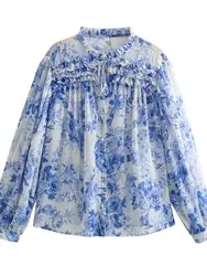 XNWMNZ-Blusa semitransparente con volantes para mujer, blusa estampada Vintage con cordón, cuello en V, manga larga, botones delanteros, Top informal para mujer 2024