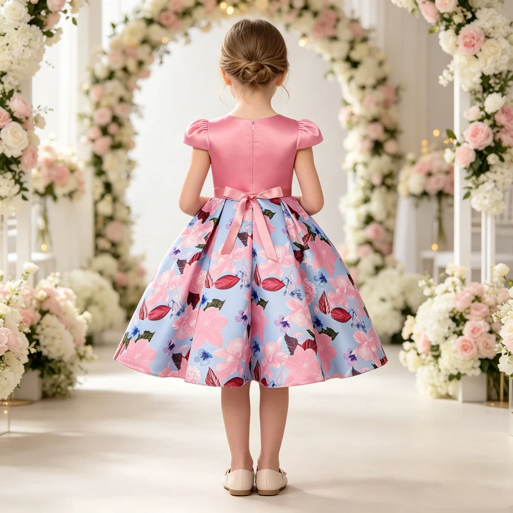 Cross-border New Children's Dresses Bow Print Princess Pouf Dress Skirt Small Host Walk Evening Gowns