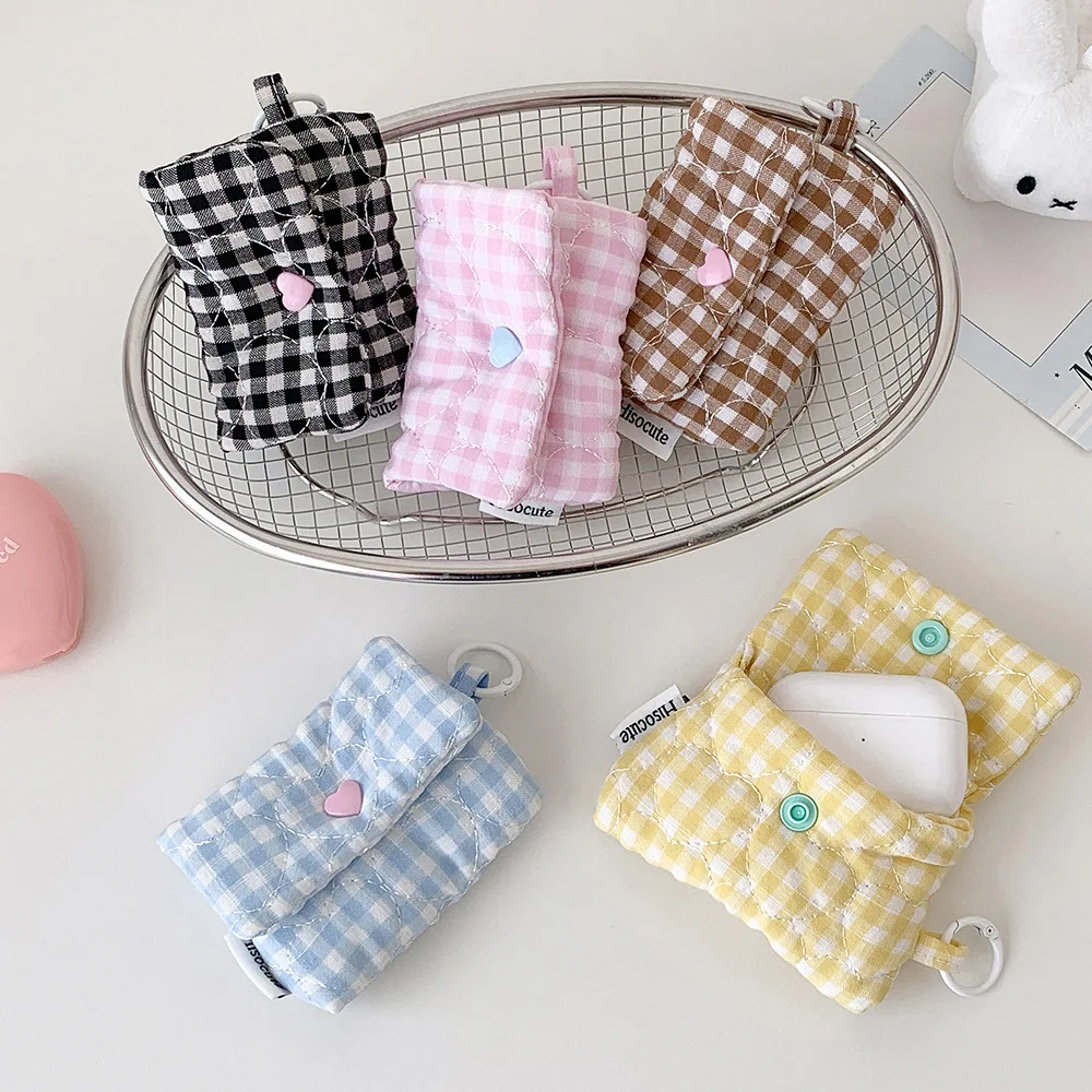 INS Korean Fashion Grid Love Quilted Zero Wallet Cute Girl Mini Portable Earphone Bag ID Card Bag Travel Storage Bag Gifts